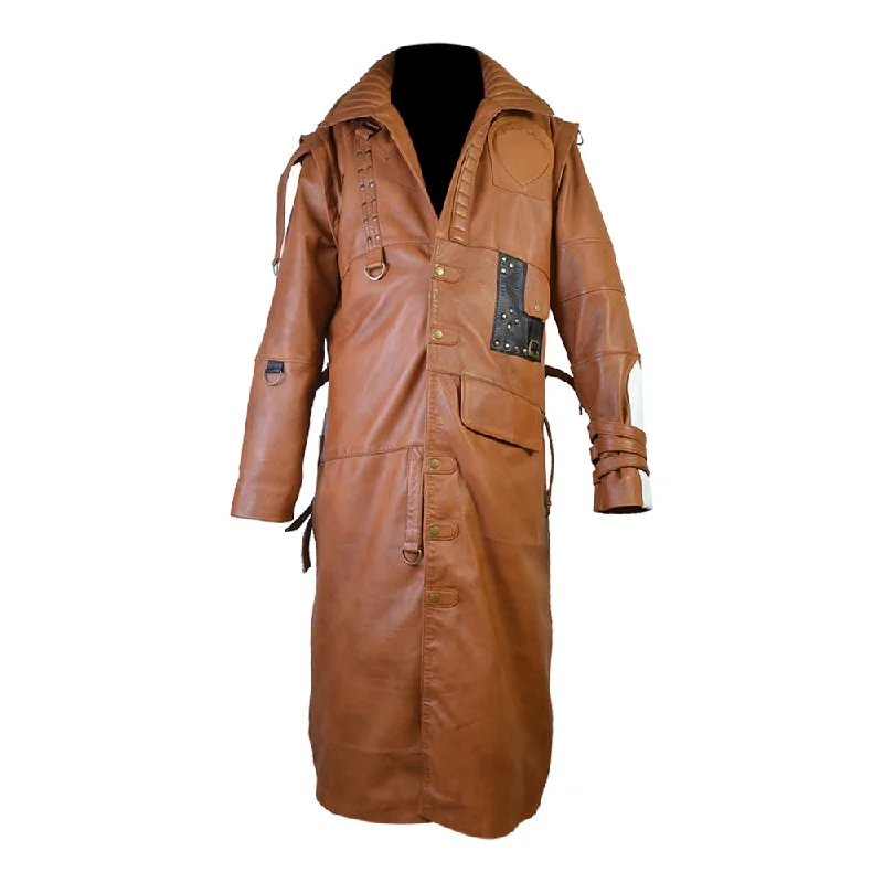 Men's thrill-seeker jackets-Mens Designer Tan Cosplay Costume Leather Trench Coat