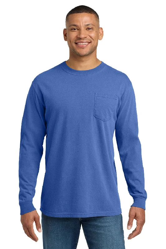 Men's short-sleeve bold aged-charcoal tee-Comfort Colors Mens Long Sleeve Crewneck T-Shirt w/ Pocket - Flo Blue