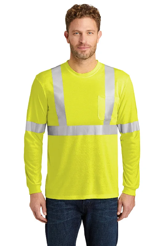 Men's short-sleeve fresh chill-blue shirt-CornerStone Mens Moisture Wicking Long Sleeve Crewneck T-Shirt w/ Pocket - Safety Yellow