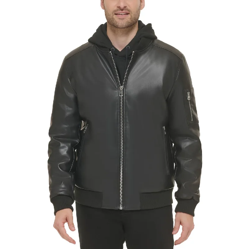 Men's faux-suede jackets-Calvin Klein Mens Faux Leather Bomber Jacket