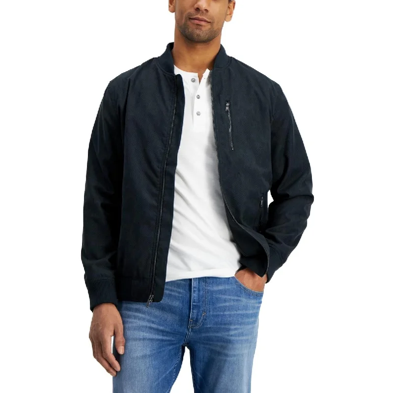 Men's bold frontier jackets-Alfani Mens Faux Suede Perforated Bomber Jacket