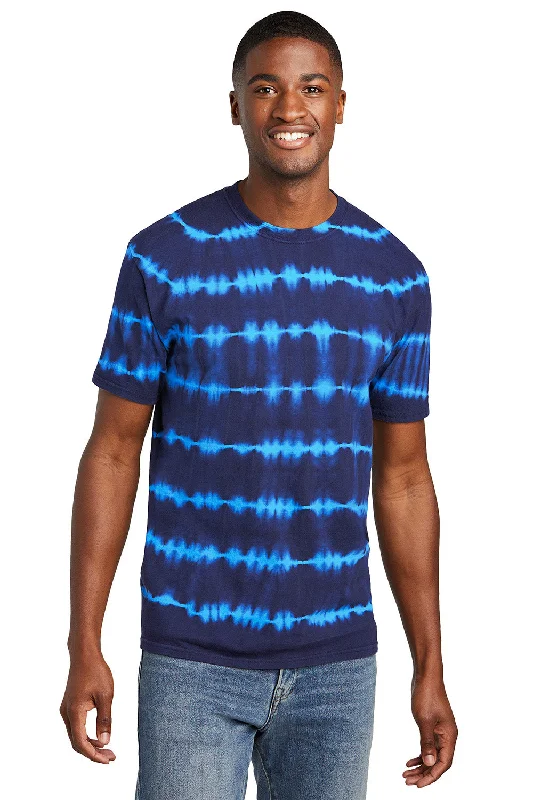 Men's short-sleeve bold rich-sporty-subtle-rally shirt-Port & Company Mens Allover Stripe Tie-Dye Short Sleeve Crewneck T-Shirt - Turquoise Blue/Team Navy Blue - New