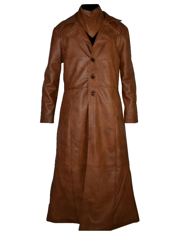 Men's goldenrod jackets-Mens Single Breasted Waxed Brown Long Leather Coat