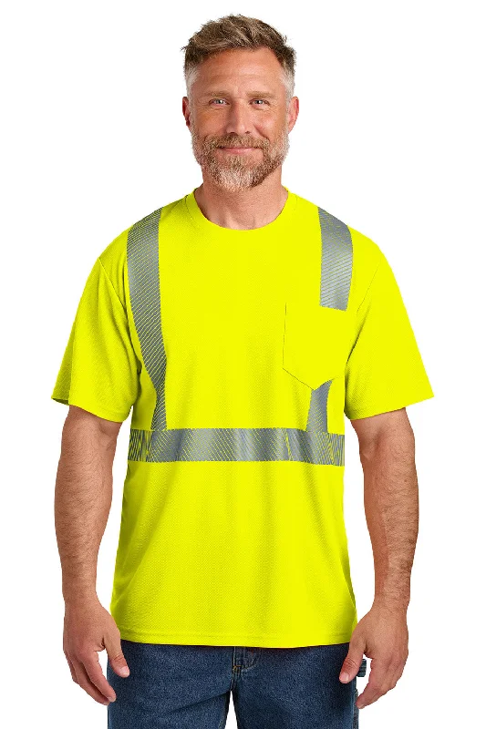 Men's short-sleeve stylish sleek-neutral-casual-bold-skiing top-CornerStone Mens ANSI 107 Class 2 Moisture Wicking Short Sleeve Crewneck T-Shirt w/ Pocket - Safety Yellow - New