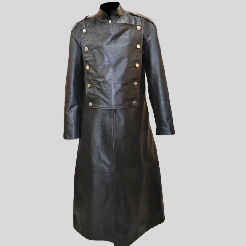 Men's breezy golf jackets-Mens Leather Imperial Military Royal Trench Long Coat