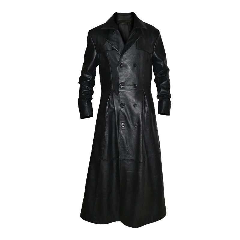 Men's vivid cerulean jackets-Mens Black Slim Fit Genuine Leather Double Breasted Gothic Trench Long Coat