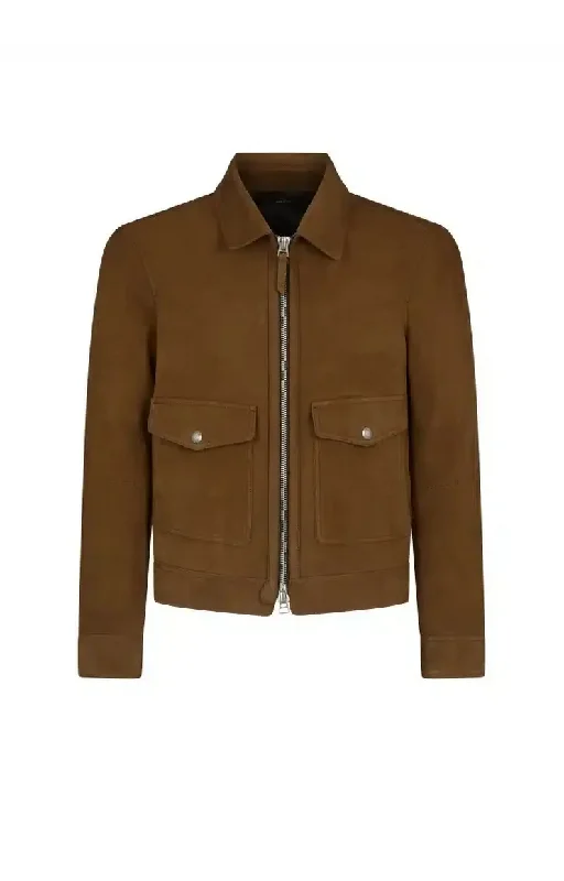 Men's warm traverse jackets-Tom Ford Mens Collar Zip Leather Jacket in Brown