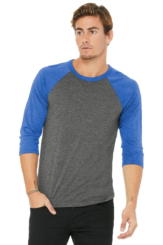 Men's short-sleeve casual bold-hot-maroon tee-Bella + Canvas Mens 3/4 Sleeve Crewneck T-Shirt - Grey/Royal Blue