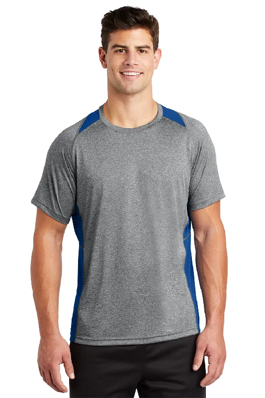 Men's short-sleeve sporty vented top-Sport-Tek Mens Contender Heather Moisture Wicking Short Sleeve Crewneck T-Shirt - Heather Vintage Grey/True Royal Blue