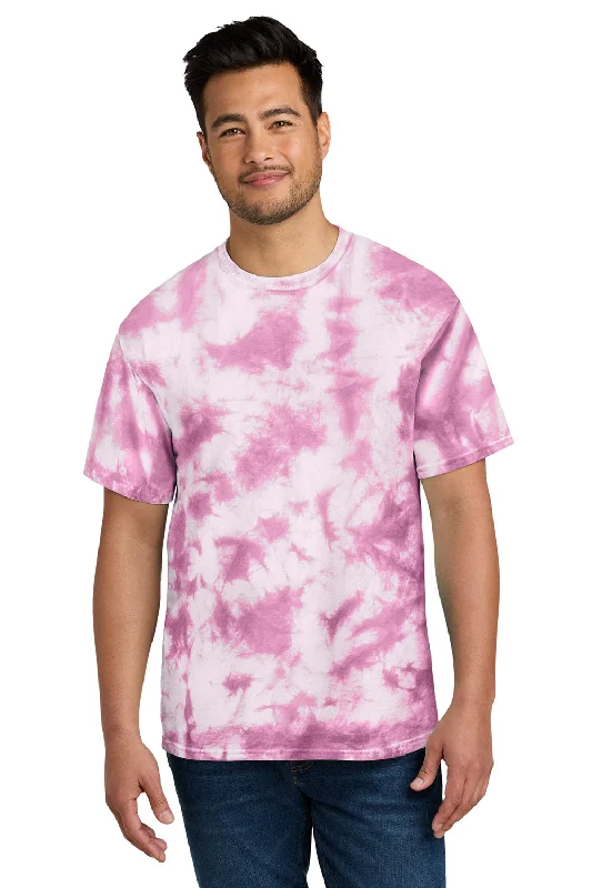 Men's short-sleeve casual wide-white top-Port & Company Mens Crystal Tie-Dye Short Sleeve Crewneck T-Shirt - Bright Pink