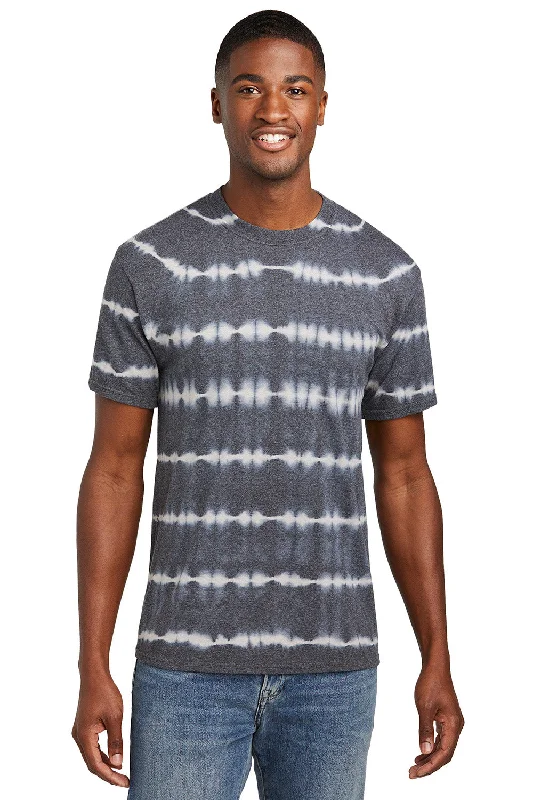 Men's short-sleeve cool rugged-urban-warm-gig tee-Port & Company Mens Allover Stripe Tie-Dye Short Sleeve Crewneck T-Shirt - Graphite Grey/Light Grey - New