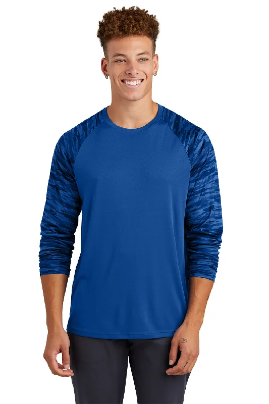 Men's short-sleeve smooth chest-pocket top-Sport-Tek Mens Drift Camo Colorblock Moisture Wicking Long Sleeve Crewneck T-Shirt - True Royal Blue