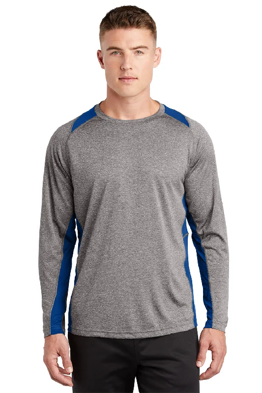 Men's short-sleeve handcrafted flax top-Sport-Tek Mens Contender Heather Moisture Wicking Long Sleeve Crewneck T-Shirt - Heather Vintage Grey/True Royal Blue