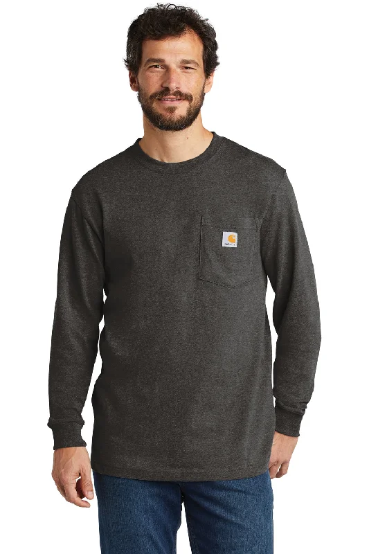 Men's short-sleeve trendy bright-deep-firm-canvas shirt-Carhartt Mens Workwear Long Sleeve Crewneck T-Shirt w/ Pocket - Heather Carbon Grey