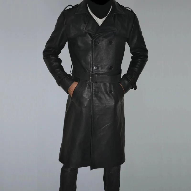 Men's honey tan jackets-Mens Belted Black Trench Genuine Leather Coat With Lapel Collar