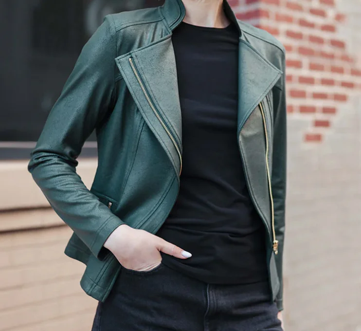 Men's slick hockey jackets-Clara S Hunter Green Liquid Leather Zip Detail Jacket