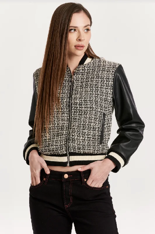 Men's fierce soccer jackets-Janel Pleather Tweed Bomber Jacket