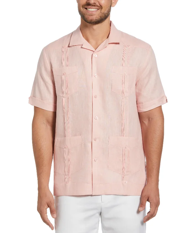 Men's short-sleeve bright pure-white shirt-100% Linen Classic Guayabera Shirt - Short Sleeve