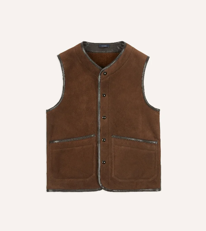 Men's art bold jackets-Brown Suede Shearling Vest