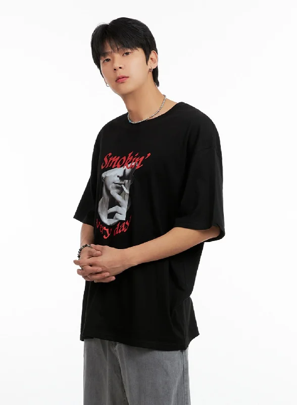 Men's short-sleeve urban warm-stylish-sharp-gray top-Men's Cotton Graphic Oversize T-Shirt (Black) IG402