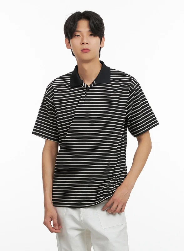 Men's short-sleeve trendy bright-deep-old-weathered top-Men's Striped Collar T-Shirt (Black) IY431