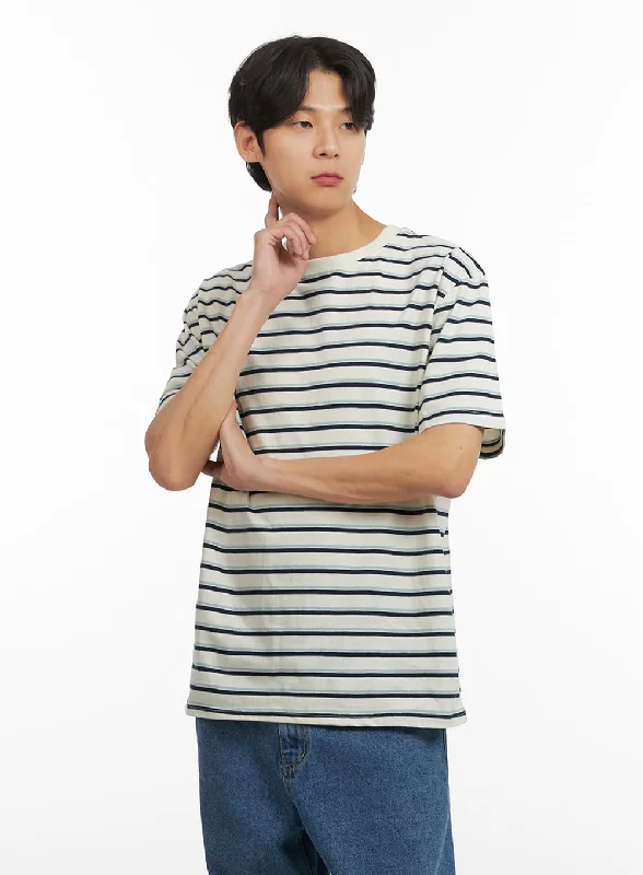 Men's short-sleeve stylish sleek-neutral-faint-taupe tee-Men's Striped Cotton T-Shirt IU405