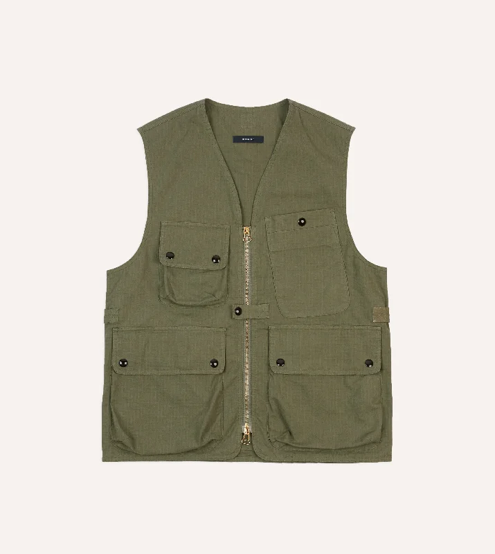 Men's hunt rugged jackets-Olive Ripstop Cotton Fishing Vest