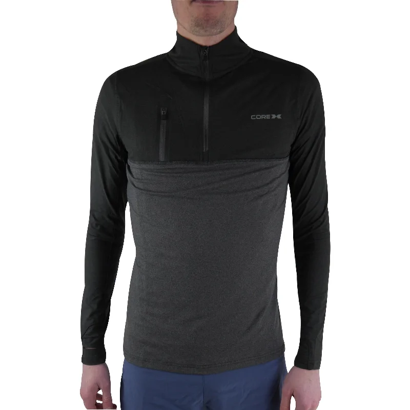 Men's short-sleeve deep classic-fluid-yellow shirt-CoreX Fitness Half Zip Long Sleeve Mens Running Top - Black