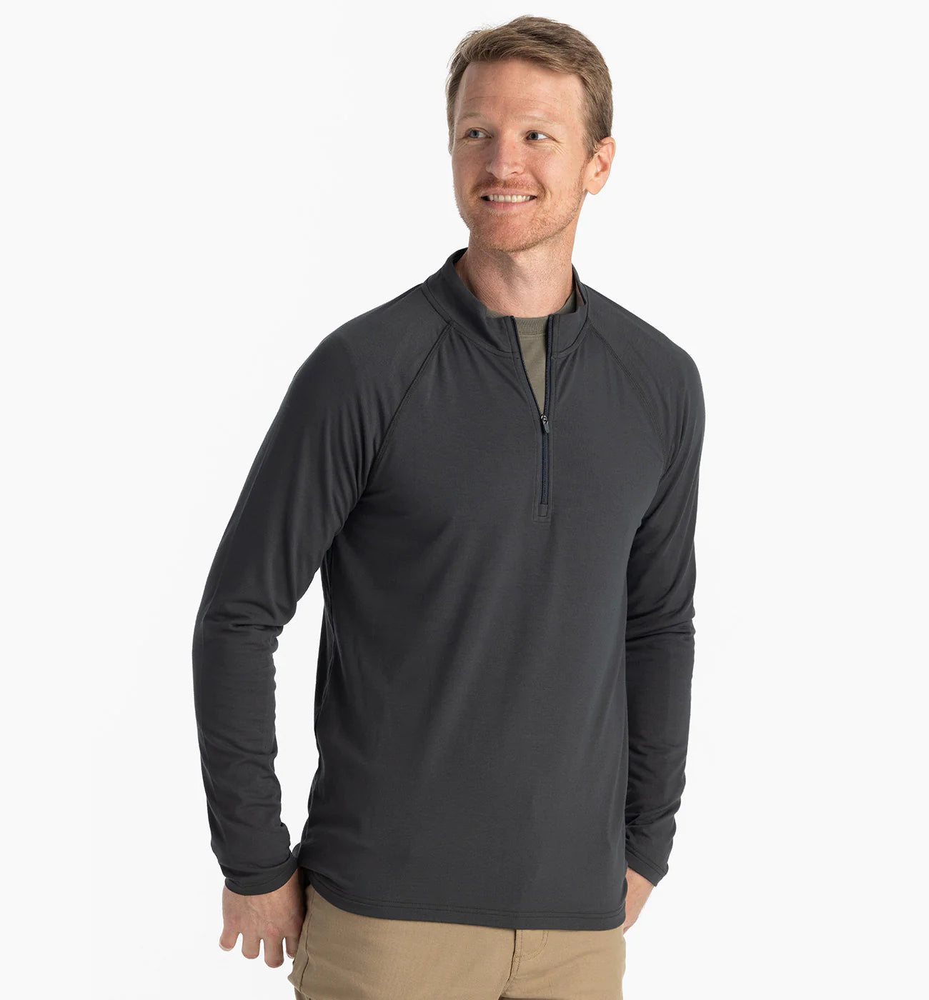 Men's short-sleeve bold rich-sporty-subtle-rally shirt-Free Fly Bamboo Quarter Zip - Black Sand