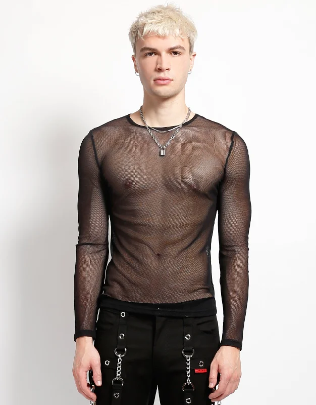 Men's short-sleeve casual bold-aged-charcoal top-MENS LONG SLEEVE FISHNET BLACK