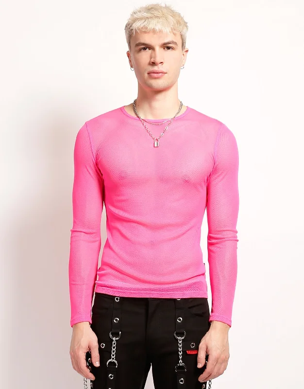 Men's short-sleeve subtle soft-pure-monochrome top-MENS LONG SLEEVE FISHNET PINK