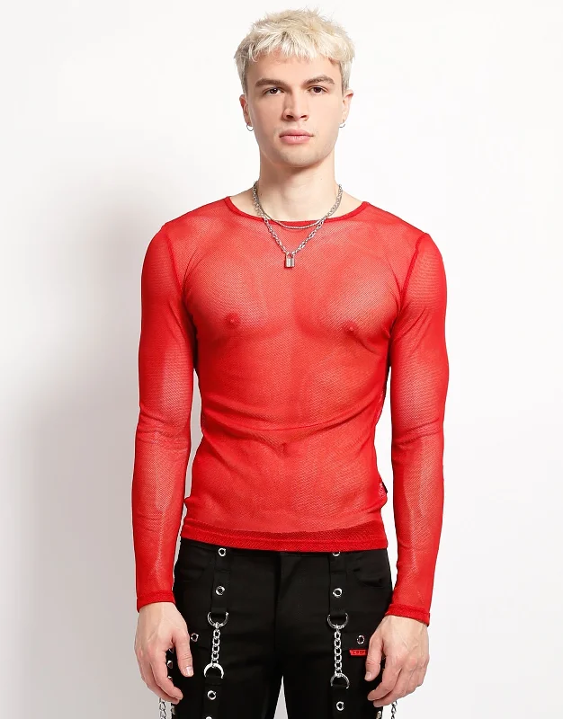 Men's short-sleeve urban warm-sharp-geometric top-MENS LONG SLEEVE FISHNET RED