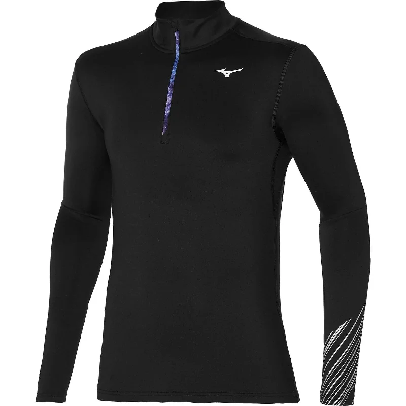 Men's short-sleeve bold rich-nightlife shirt-Mizuno Active Warmalite Half Zip Long Sleeve Mens Running Top - Black