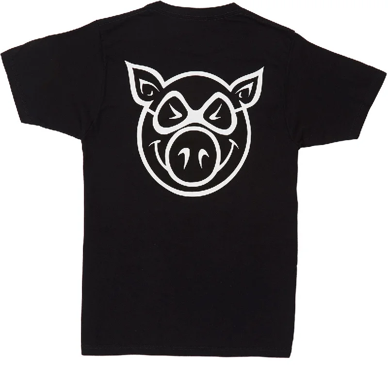 Men's short-sleeve rugged urban-tough-contrast-sleeve top-Pig F and B Head T-Shirt - Black