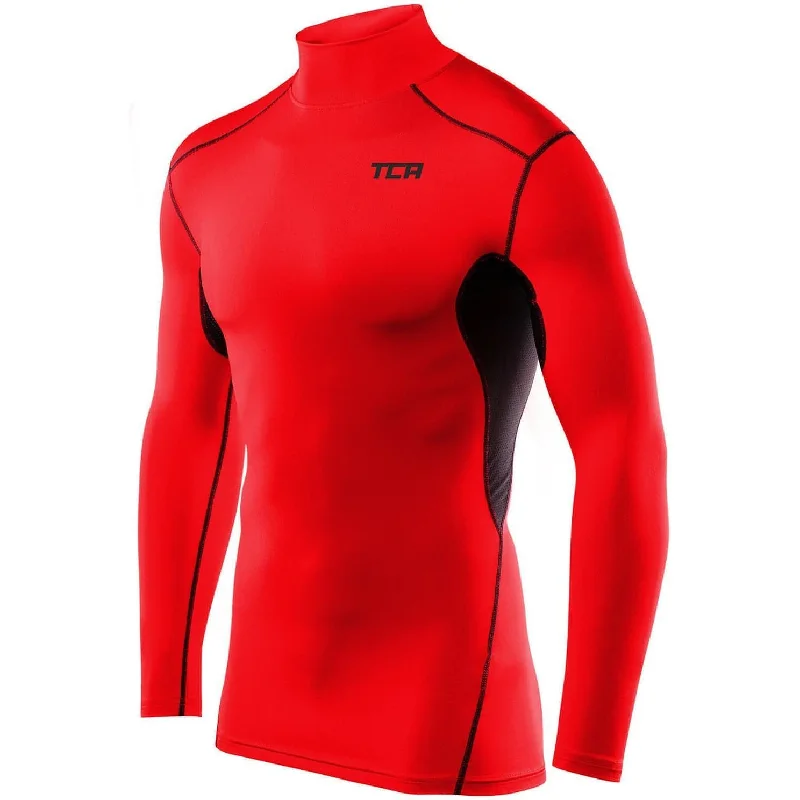 Men's short-sleeve fresh modern-vibrant-jet-black shirt-TCA HyperFusion Thermal Mock Neck Mens Long Sleeve Compression Top - Red