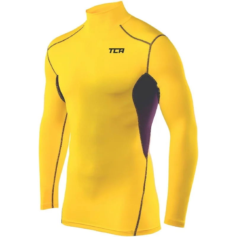 Men's short-sleeve soft trendy-bright-pure-white top-TCA HyperFusion Thermal Mock Neck Mens Long Sleeve Compression Top - Yellow