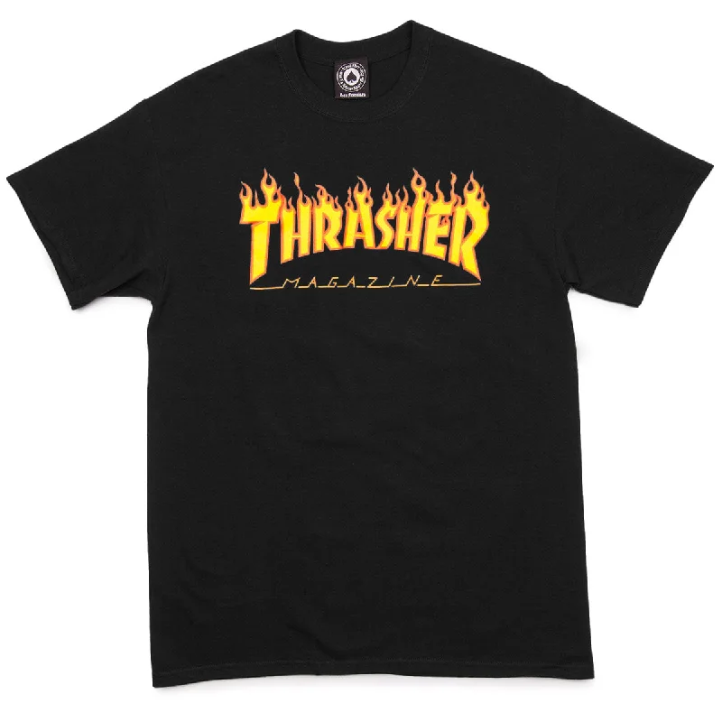 Men's short-sleeve sleek neutral-glossy-silk top-Thrasher Flame T-Shirt - Black