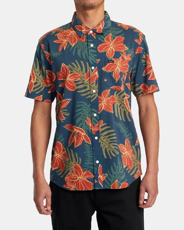 Men's short-sleeve subtle soft-trendy-bright-artisanal-hand-dyed shirt-Wild Hibiscus Short Sleeve Shirt - Duck Blue