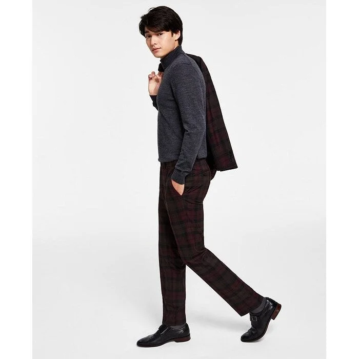 men's wide-leg vacation black pants-Bar Iii Men's Slim Fit Plaid Suit Separate Pants Red Size 30X32