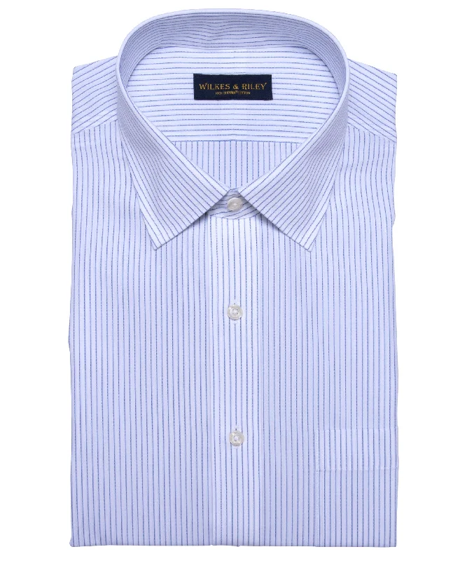 Men's short-sleeve warm stylish-thick-stripe shirt-Classic Fit White Ground Blue Stripe Spread Collar Supima® Cotton Non-Iron Broadcloth