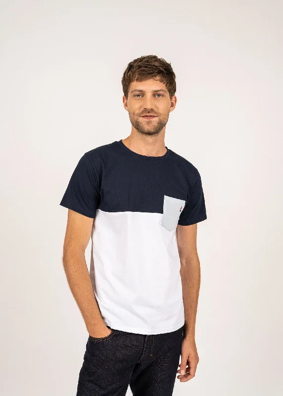 Men's short-sleeve retro cool-breezy-linen tee-CYRIAC - Tricolor T-Shirt by Maison FT | 100% Cotton (WHITE / NAVY / LIGHT BLUE)