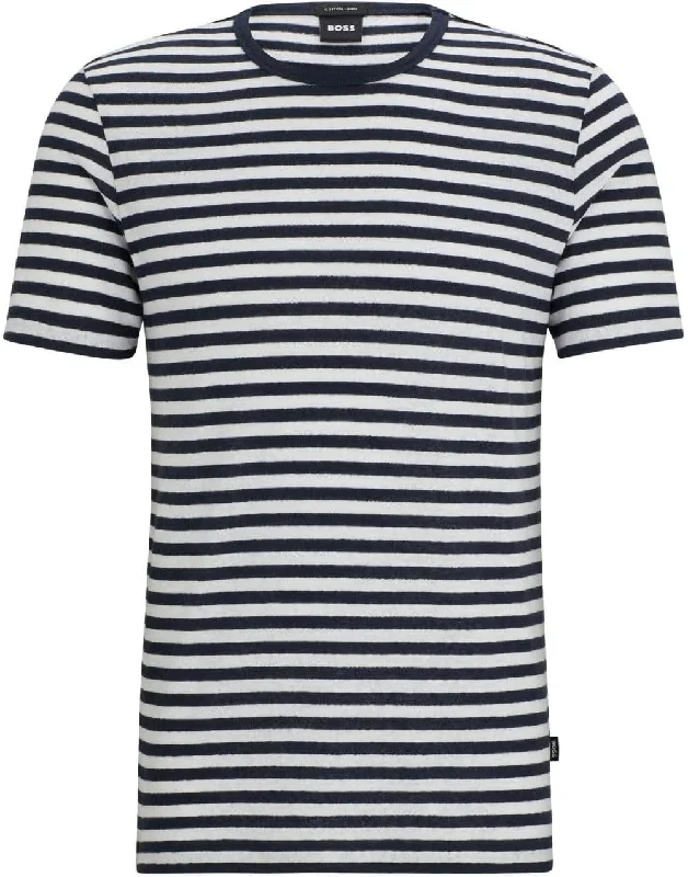 Men's short-sleeve retro chic-cranberry tee-Hugo Boss Men's Tiburt 457 Striped Linen Short Sleeve Crew Neck T-Shirt, Navy/White