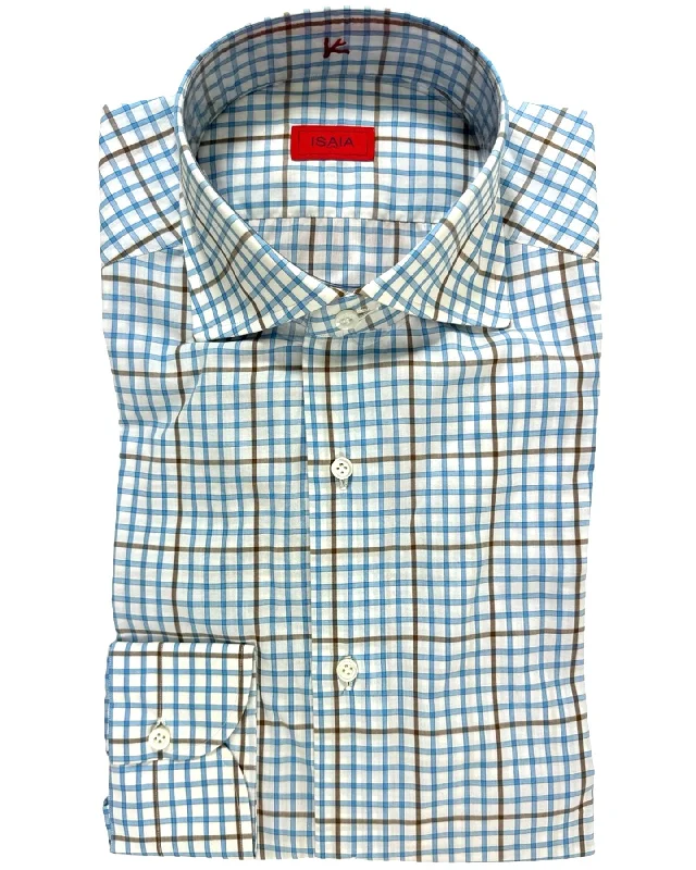 Men's short-sleeve classic neon-accent tee-Isaia Shirt White Blue Brown Check 39 - 15 1/2 Regular Fit SALE