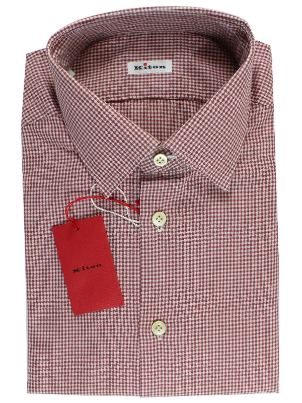 Men's short-sleeve sporty vented top-Kiton Dress Shirt Maroon White Check 44 - 17 1/2 SALE