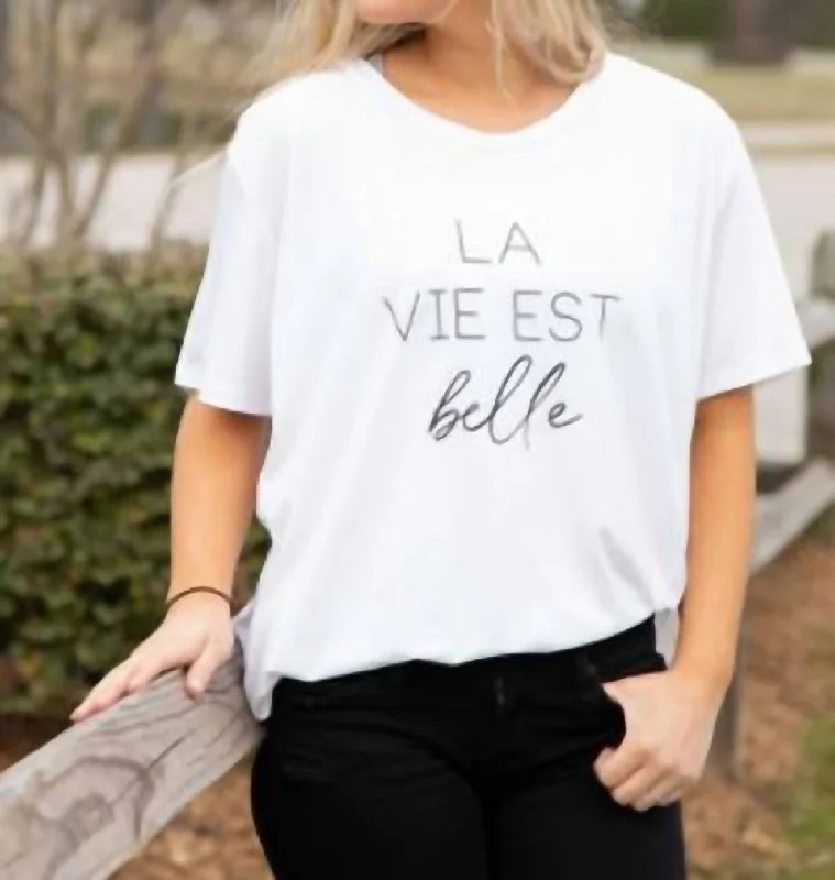 Men's short-sleeve urban warm-stylish-sharp-gray top-La Vie Est Belle Graphic Tee In White