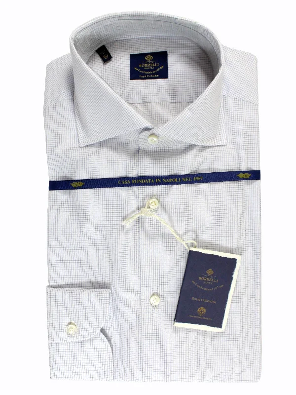 Men's short-sleeve artisanal hand-dyed top-Luigi Borrelli Dress Shirt ROYAL COLLECTION White Navy Grid 40 - 15 3/4 SALE