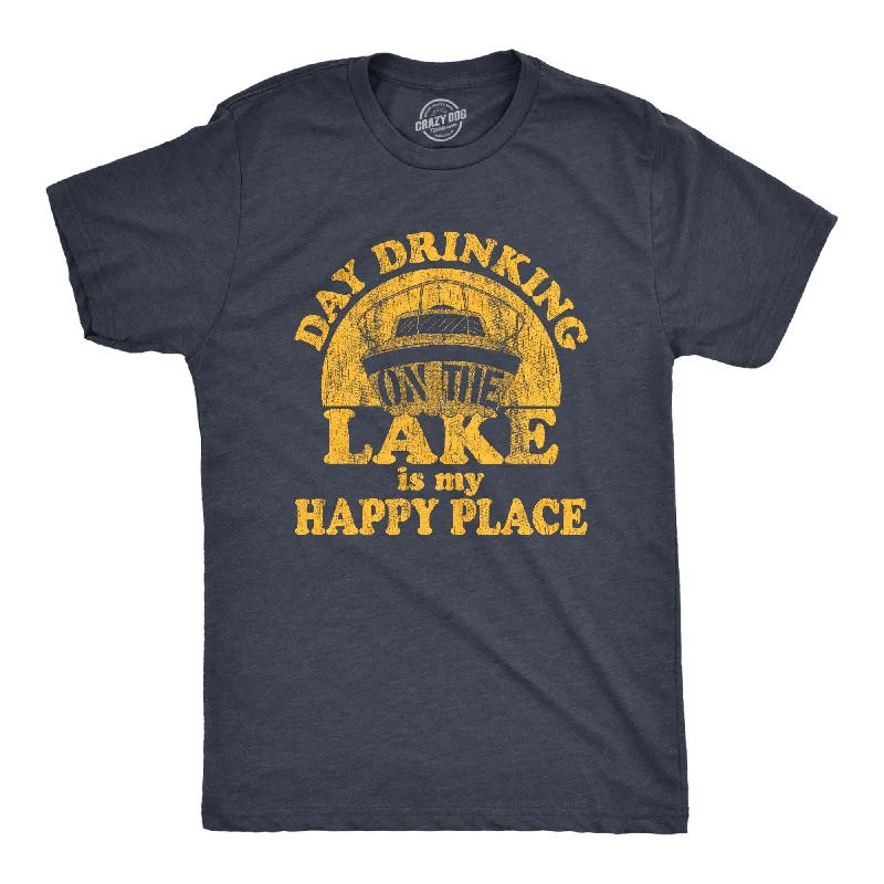 Men's short-sleeve vintage sepia shirt-Mens Day Drinking On The Lake Is My Happy Place Tshirt Funny Summer Boating Vacation Graphic Tee