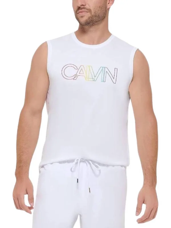 Men's short-sleeve tropical retro-loose-orange tee-Men's Rainbow Collection Sleeveless Shirt In White