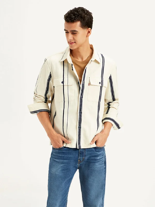 Men's short-sleeve sporty subtle-soft-trendy-trim-navy shirt-Men's Striped White Regular Fit Shacket