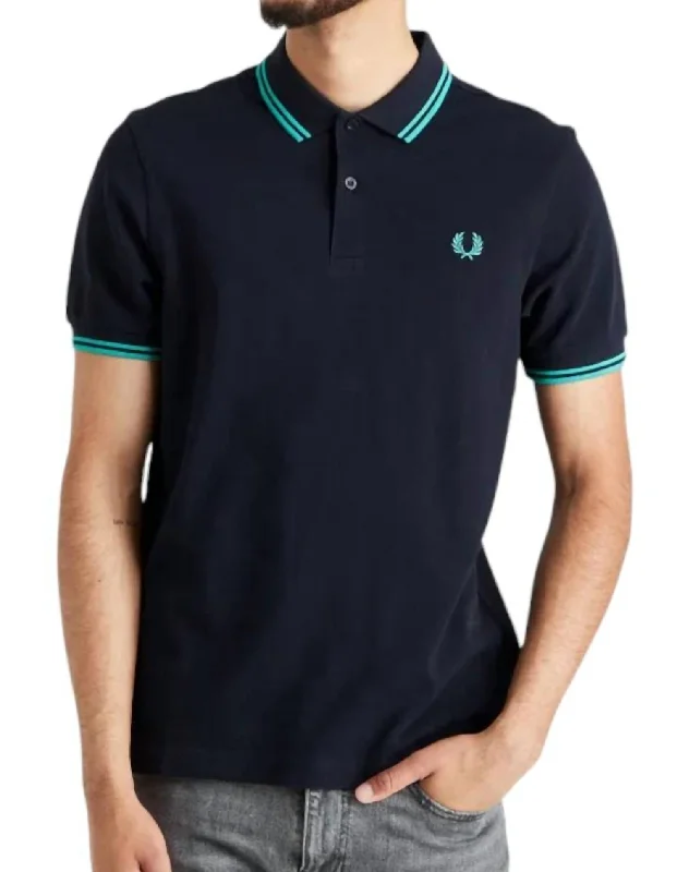 Men's short-sleeve subtle soft-trendy-trekking shirt-Men's Twin Tipped Polo Shirt In Navy/dark Mint.